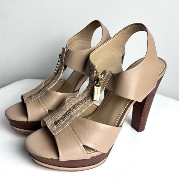 MICHAEL Michael Kors Shoes - Michael Kors Berkley Beige Leather Zip Front Platform Sandals Shoe Size 7.5 #695